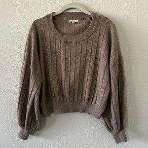 In Loom | Neutral Beige Cropped Crew Neck Sweater Puff Sleeves, Size Large